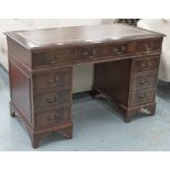 PEDESTAL DESK, mahogany with brown leather top above eight drawers, 77cm H x 122cm W x 61cm D.