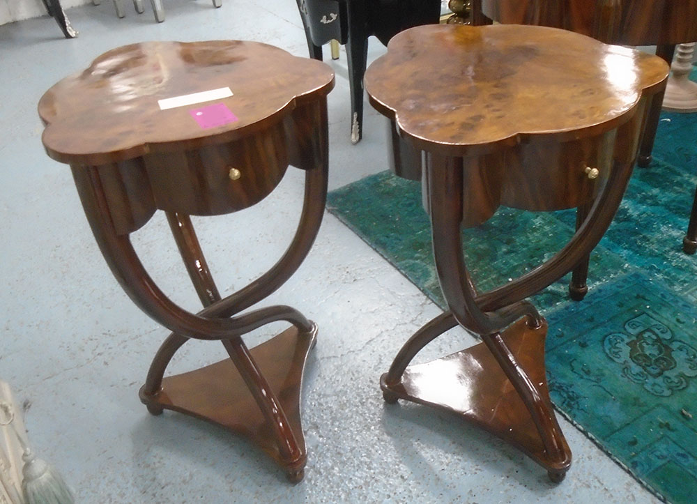 SIDE TABLES, a pair, in walnut finish, drawer below on twisted supports, 44cm x 45cm x 72cm H.