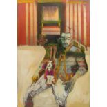 GINETTE FIANDACA, 'Portrait with dog', oil on canvas, signed verso, 150cm x 100cm.
