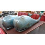 GARDEN ORNAMENTS, a pair, of whales in metal blue rustic finish, 98cm L.