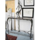 BESPOKE SCULPTURAL STATEMENT TABLE, worked steel with figural freestanding study of Alto Sax Player.