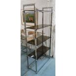 SHELVES, 1970s polished metal with smoked glass shelves, 86cm W x 38cm D x 181cm H.