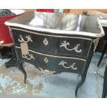 BLACK COMMODE, silver gilt detail, two drawers, metal mounts, 87cm W x 52cm D x 93cm H.