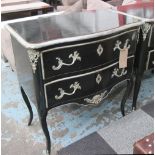 BLACK COMMODE, silver gilt detail, two drawers and metal mounts, 87cm W x 52cm D x 93cm H.