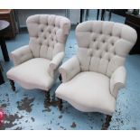 ARMCHAIRS, a pair, in neutral fabric button back on turned castor supports, 67cm W.