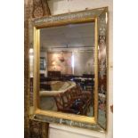 WALL MIRROR, Venetian style rectangular with cushion marginal etched plates and beaded gilt frame,