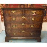 CHEST, early 18th century English Queen Anne figured walnut with two short and three long drawers,