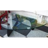 LOW TABLE, with a glass shaped top, 42cm H x 104cm x 121cm.