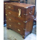 CHEST, Campaign style yewwood and brass bound with two short and three long drawers,