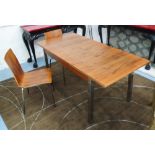 DINING TABLE, contemporary style, extendable with metal legs and two chairs,