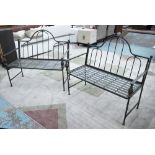 GARDEN BENCHES, a pair, in verdigris metal finish, 112cm L.