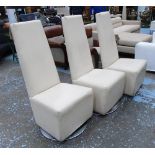 SWIVEL CHAIRS, three, white leather with high backs, each 57cm W x 59cm D x 126cm H.