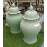 LIDDED JARS, a pair, Chinese style in celadon glaze, 64cm H.