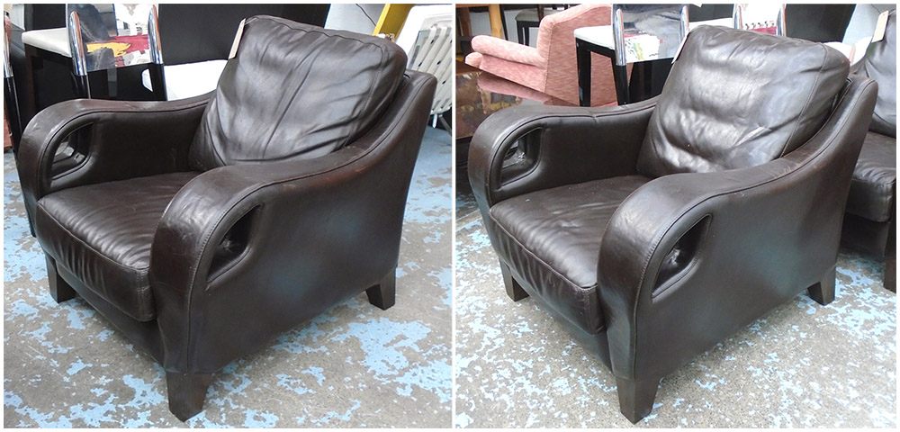 ARMCHAIRS, a pair, brown leather, curved arms, 94cm W x 94cm D x 94cm H.