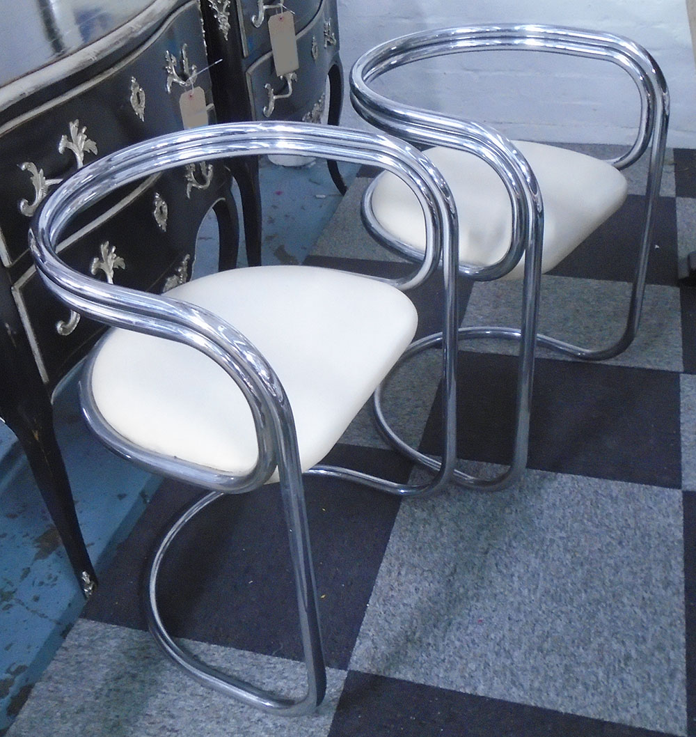 DINING CHAIRS, a set of five, 1960's taste, tubular metal with ivory upholstery finish,