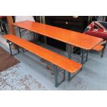 BEER GARDEN CONTINENTAL DINING TABLE, plus a pair of benches, all folding with blue metal supports.