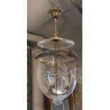 HALL LANTERN, brass mounted with etched glass shade and three lights, approx 55cm H x 32cm D.