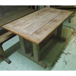 FARMHOUSE TABLE, traditional French cleated and planked lined with stretchered grey supports,