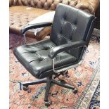 DESK CHAIR, chrome and black leather with height adjustable swivel seat, 61cm W.