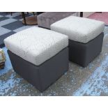 UPHOLSTERED STOOLS, a pair, with geometric pattern to top, each 56cm W x 46cm D x 49cm H.