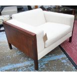ARMCHAIR, wooden frame, stone coloured upholstery, 86cm D x 112cm W x 61cm H.