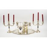 SILVER PLATED WARES, comprising a pair of three light candelabrum, serving platter,