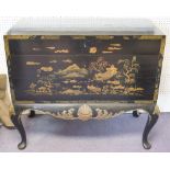 CHEST, Georgian style black lacquer and gilt Chinoiserie decorated with three drawers,