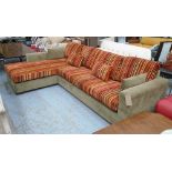 CORNER SOFA, with striped cushions on olive green base, 290cm W x 190cm D x 86cm H.