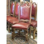 DINING CHAIRS, a set of eight, Continental oak in red leather with leaf carved legs.