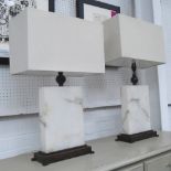 TABLE LAMPS, a pair, white marble, with shades, overall each 65cm H x 42cm W.