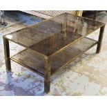 LOW TABLE, brass framed with two rectangular tinted glass tiers, 41cm H x 111cm W x 61cm D.