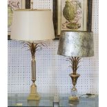 TABLE LAMP, brass of palm column form with cream shade,