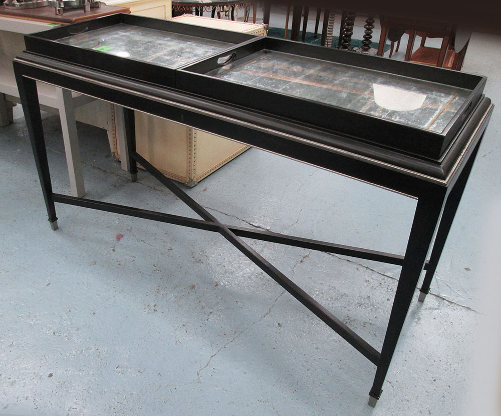 CONSOLE TABLE, with a pair of eglomise mirrored trays, 153cm W x 53cm D x 80cm H.