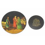 RUSSIAN PAPIER MACHE PLATE, painted an interior scene with figures, 18cm diam.
