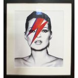 BOWIE/KATE MOSS, photo with Ziggy Stardust art, 38cm x 32cm, framed and glazed.