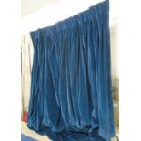 CURTAINS, a pair, blue velvet, each curtain, 148cm W gathered x 255cm drop.