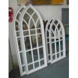 GARDEN MIRRORS, two pairs, Gothic style in distressed painted finish, 151cm x 55cm and 120cm x 54cm.