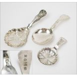 SILVER CADDY SPOONS, three various, Georgian and Victorian.