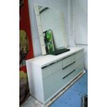 ITALIAN LONG CHEST, three double drawers and mirror to match,