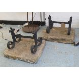 BOOT SCRAPES, a pair, wrought iron mounted on yorkstone, 47cm W.