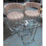 BAR STOOLS, a pair, patterned fabric, polished metal frame, each 50cm W x 95cm H,