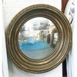 CIRCULAR MIRROR, convex with distressed painted frame, 90cm W.