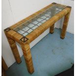 CONSOLE TABLE, with glass top on a cane and metal frame, 119cm x 40cm x 75cm H.