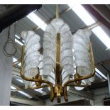 PENDANT CHANDELIER, mid century taste Italian glass, of foliate design with a brass frame,