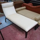 CHAISE LONGUE, in crushed cream velvet, on an ebonised frame, with square supports, 157cm L.