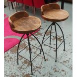 BAR STOOLS, a pair, wooden, each 34cm W x 88cm H.