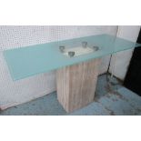 CONSOLE TABLE, tinted rectangular blue glass top on travertine pedestal base,