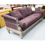 JULIAN CHICHESTER SOFA, Regency style, purple with silver gilt frames, 223cm W x 83cm D x 87cm H.