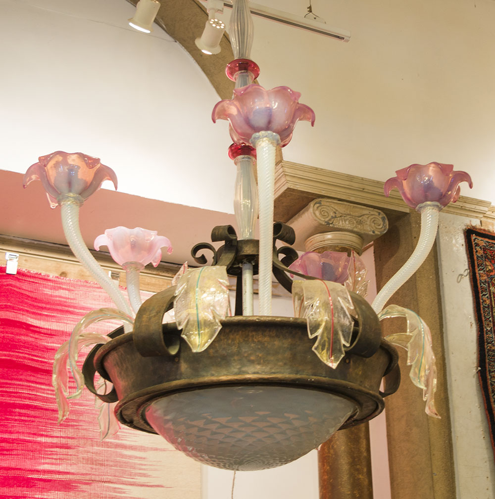 CEILING LIGHT, copper support with five Murano style glass arms and central column,