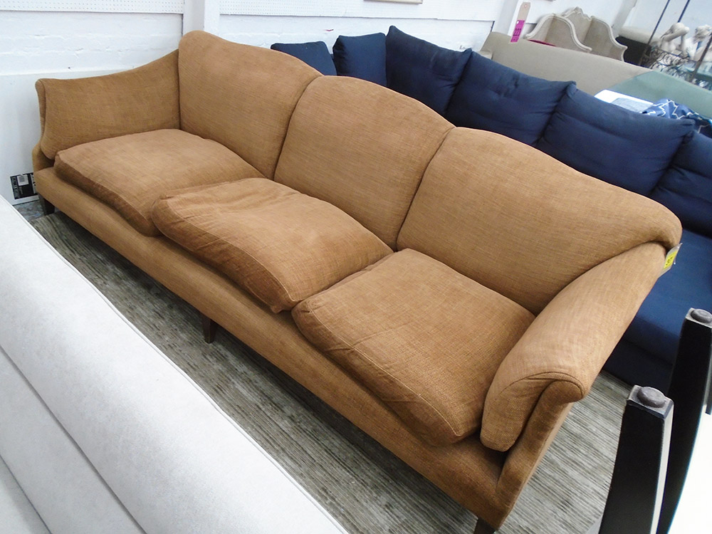 WILLIAM YEOWARD SOFA, in brown chenille, triple hump, 83cm D x 247cm W x 90cm H.